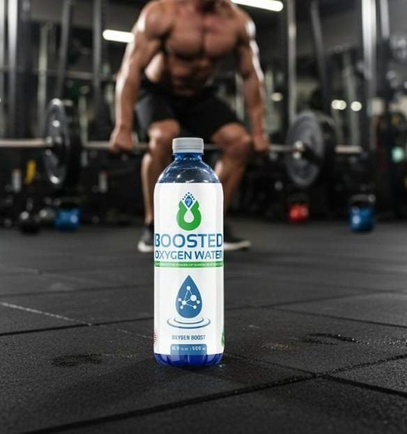 Boosted bottle on a gym floor in front of an athlete lifting